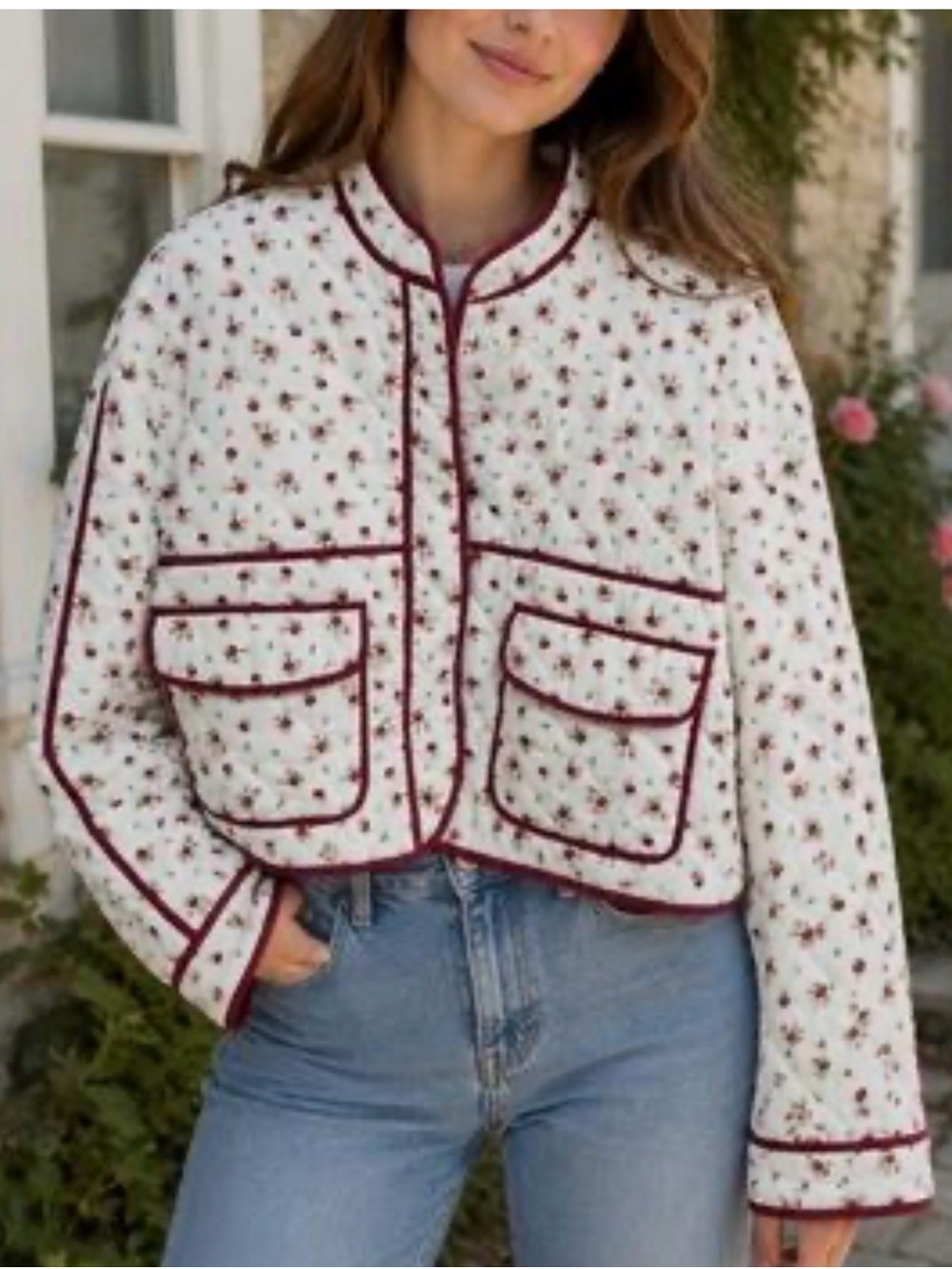 NWT 7 For All Mankind Cream Quilted Floral Crop Jacket with Burgundy Trim